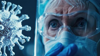 Scientist in protective gear examining virus under microscope in lab - Powered by Adobe