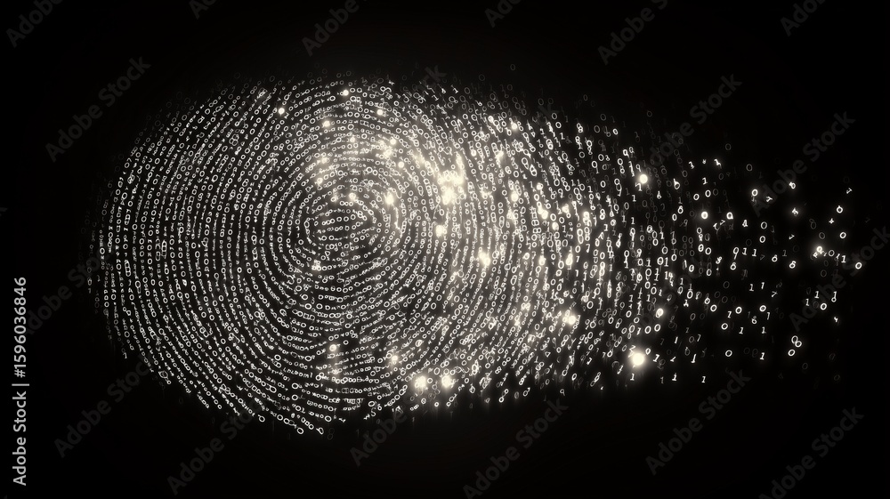 Poster biometric fingerprint pattern illuminated by digital elements representing ai technology
