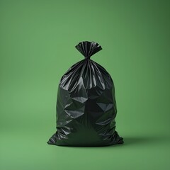 A full black garbage bag stands centered against a solid green background in a studio setting