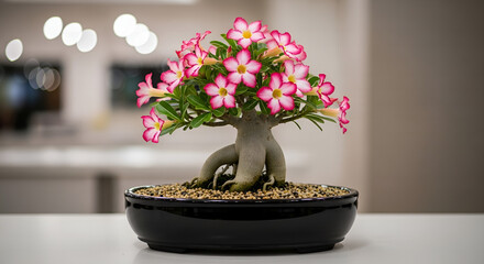 Delicate Desert Rose Bonsai in Bloom A Miniature Garden of Pink and White Petals with unique trunk on a black pot on a minimalist table.