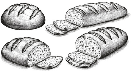 Collection of bread with sliced pieces – hand drawn vintage ink sketch doodle black and white vector illustration, engraving.