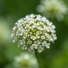 A close up of a white flower cluster with water droplets against a blurred green background outdoors