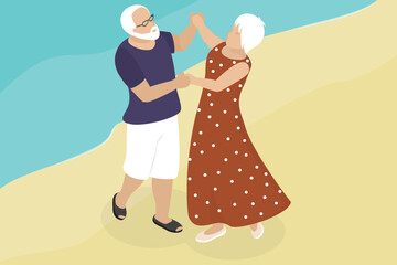 Elderly couple spends time outdoors. Happy senior man and woman dancing by the sea. Summer, seafront, senior life. Flat isometric vector illustration. Eps 10.