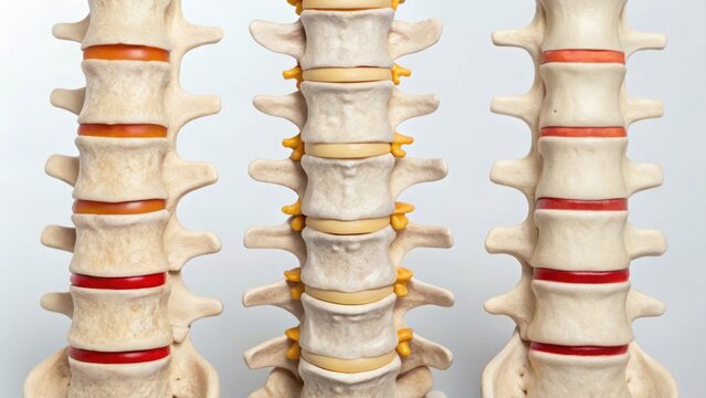 Three vertebral columns showcasing different spinal structures and intervertebral discs, emphasizing anatomy and health.