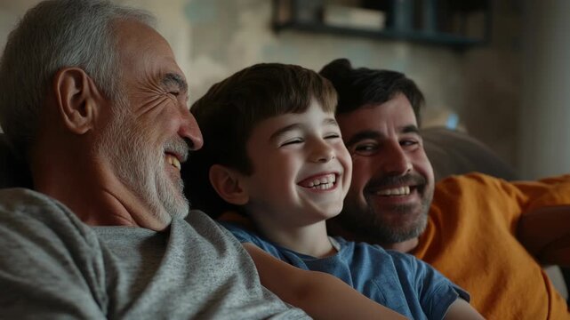 Three generations of a family enjoying a funny moment together.