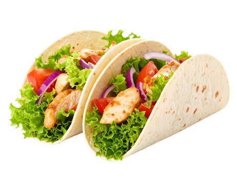 Chicken tacos with lettuce tomato and onion closeup on transparent background