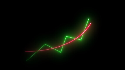 Glowing neon business growth rising arrow. business chart growth concept. neon business graph concept in black background	