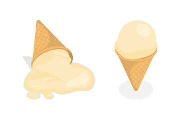 Whole and melted ice cream. Summer sweet vanilla dessert in a waffle cone. 3d flat isometric vector illustration. Eps 10