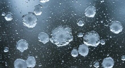 Close-up of ice crystals forming on a surface, creating a textured, abstract pattern with varying sizes and shapes.