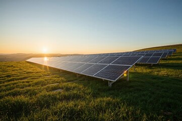 Wide shot of solar farm during dusk light over green field promoting sustainable power and zero emissions

