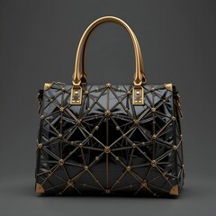A luxurious black patent leather handbag with golden accents on a neutral gray background studio shot