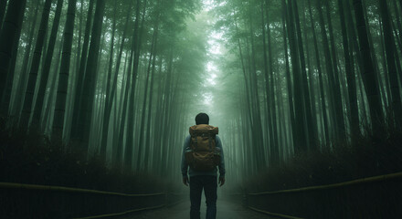 A lone hiker with a backpack stands on a road, gazing into a dense, misty forest of tall trees.