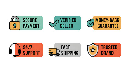 Online Shopping Trust Badges: Secure Payment, Verified Seller, 24/7 Support and Fast Shipping