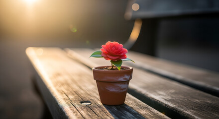 Tiny Pot of Bloom Delicate Flower on Rustic Bench in Golden Light