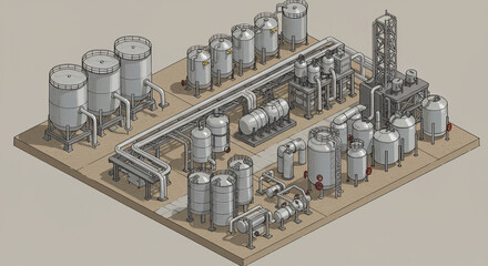 Isometric Illustration of Industrial Chemical Plant: Complex Network of Tanks and Pipelines.