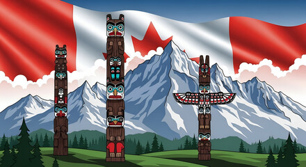 Canadian Totem Poles Against a Mountain Backdrop A Symbol of Indigenous Heritage and National Identity