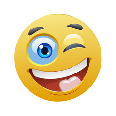 Fototapeta premium Winking Yellow Emoticon with Big Blue Eye and Open Mouth - A Playful and Expressive Symbol of Fun, Flirtation, and Humor