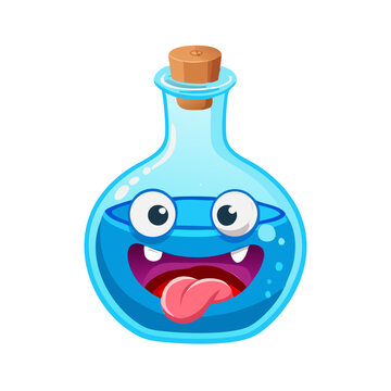 Quirky Cartoon Potion Bottle with a Goofy Face, Blue Liquid, and Protruding Tongue - A Playful Graphic for Magic and Fantasy


