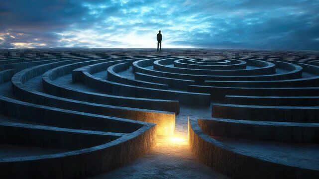 Labyrinth search path: person dilemma, complex maze, mental puzzle, hidden route, lost wanderer, challenge choice, twisted journey, trapped mind, hopeful effort, exit mission, courage test,