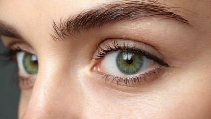 Obraz premium Closeup of a bright green iris with long lashes and welldefined eyebrows, featuring a light beige skin tone.