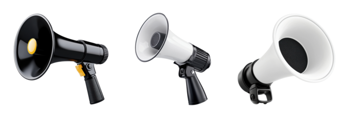 Three different bullhorns on a black background showcasing diverse designs and styles for amplification and communication
