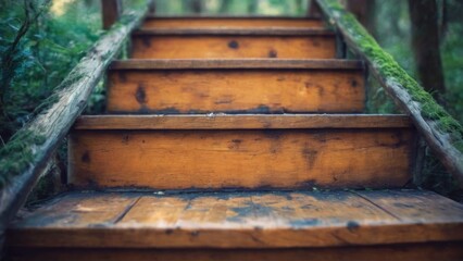 Wooden Stairs in Forest Setting: Weathered Dark Wood Steps with Rustic Appearance in Peaceful Natural Background.