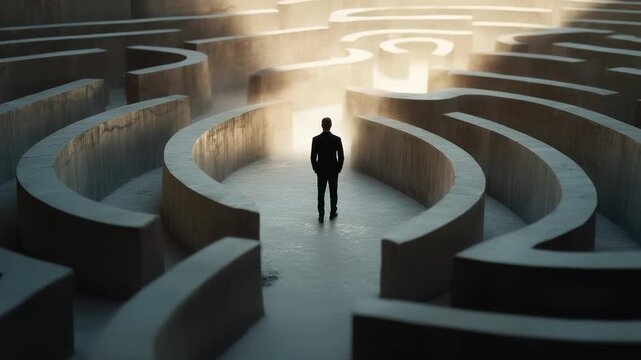 Maze struggle journey: individual confusion, intricate structure, blocked escape, uncertain passage, solution quest, inner turmoil, winding route, problem tension, trapped step, brave attempt,
