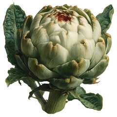 Obraz premium A close-up of a mature artichoke with layered, thick petals and textured leaves extending from the base.