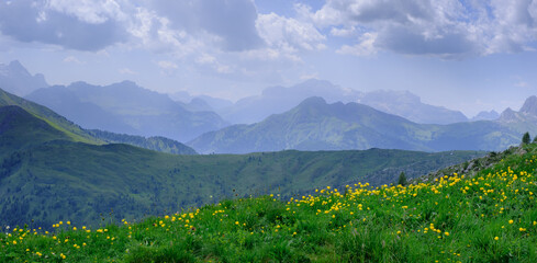 View of the Gruppo del Sella from the Passo Giau , Alta via 1, in the Dolomites of Italy.