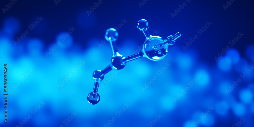 Poster a close up of a molecule structure against a blue blurred background in a studio shot on transparent