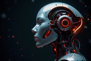 Futuristic cyborg head profile with glowing red lights and visible technology elements