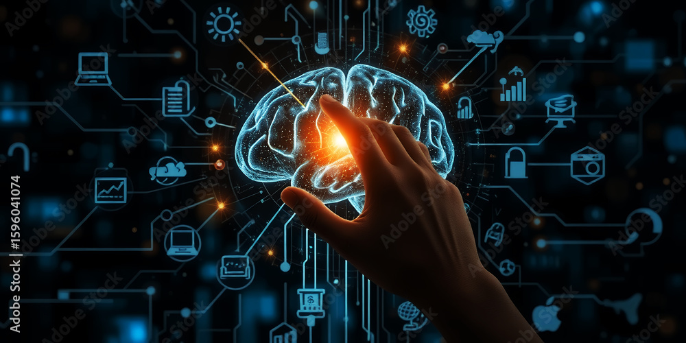 Poster a glowing brain with a hand touching it surrounded by technology related icons on black on transpare