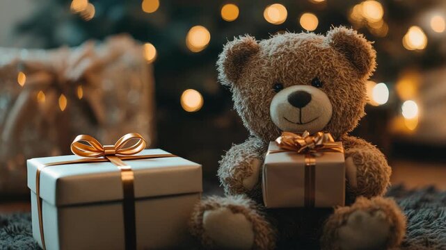 Brown bear holding small wrapped present sits in front of decorated Christmas tree with lights
