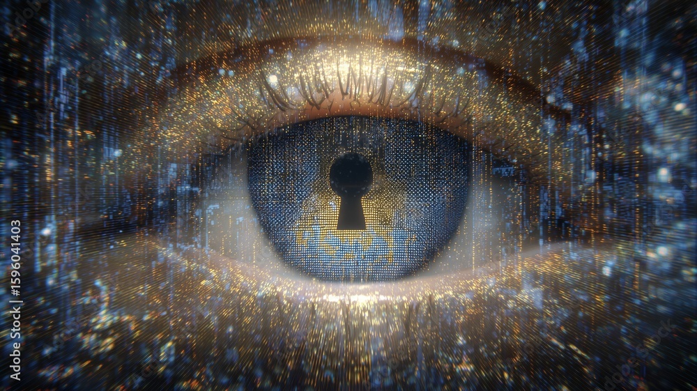 Poster exploration of biometric technology through eye recognition and fingerprint analysis in a digital la