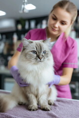 Veterinarian Holding Gray Cat in Animal Hospital - International Cat Day Celebration