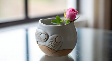 Elegant Still Life Single Pink Rose in Ceramic Vase Near Window for Simple Beauty Concept