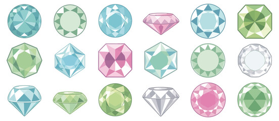 Collection of colorful faceted gemstones and diamonds in various cuts and shapes