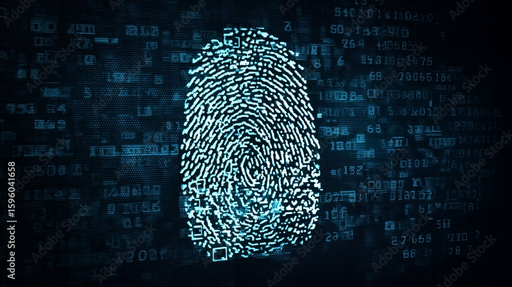 Poster exploring biometric technology through fingerprint visualization in a digital environment