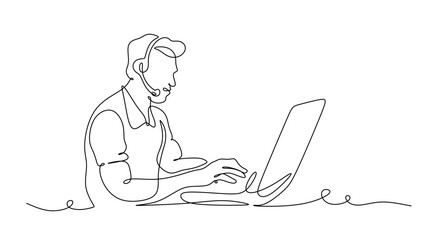 One continuous line.Call centre.Male call center operator. Handling calls and messages. Operator with phone and computer. 