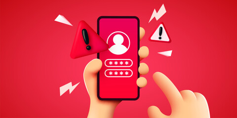 Smartphone scam alert. Hand hold smartphone with fraud alert. Vector illustration