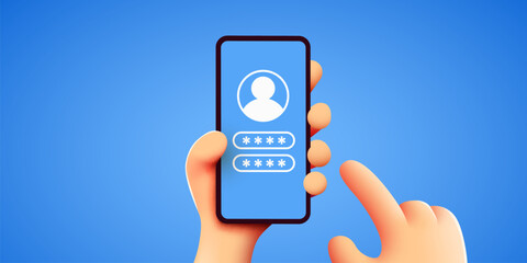 Sign in or login page on smartphone screen. Hand hold smartphone. Mobile account. Vector illustration