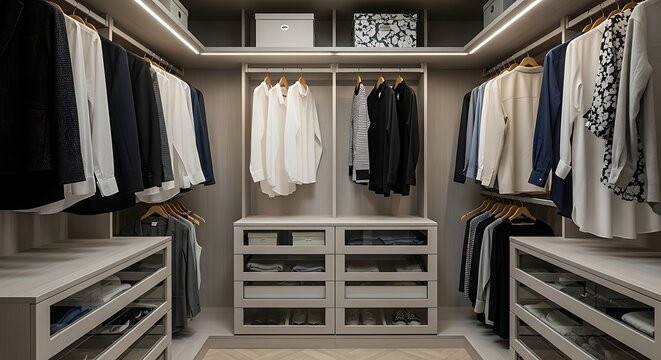A well-organized walk-in closet showcasing neatly arranged clothing and accessories.
