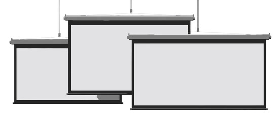 Three empty retractable projection screens hanging from the ceiling