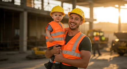 Father and child construction workers safety vests