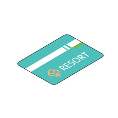 An isometric view of a teal resort card with white and green stripes, and a female symbol.