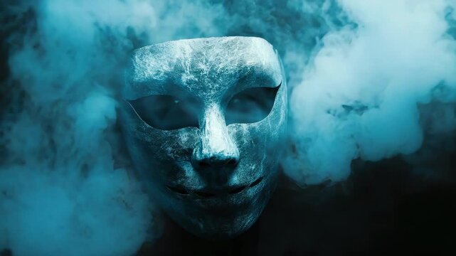 Mysterious masked face surrounded by thick blue smoke