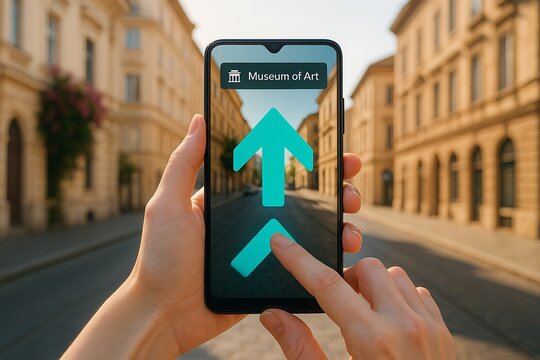 AR navigation on a smartphone screen, guiding a user with arrows to the Museum of Art while exploring a historic European city street