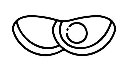 Clean outline of a halved avocado showing pit cavity, balanced line thickness, isolated on white.

