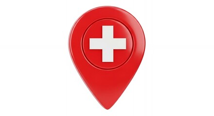 Obraz premium Red Map Pointer with White Cross Icon Medical Location Marker 3D Render