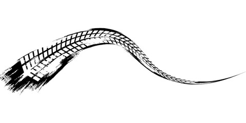 Tire tread marks, wheel textures, tire marks - car racing, motocross, drift, rally, off-road and others. Vector black isolated texture in grunge style with splashes.eps10